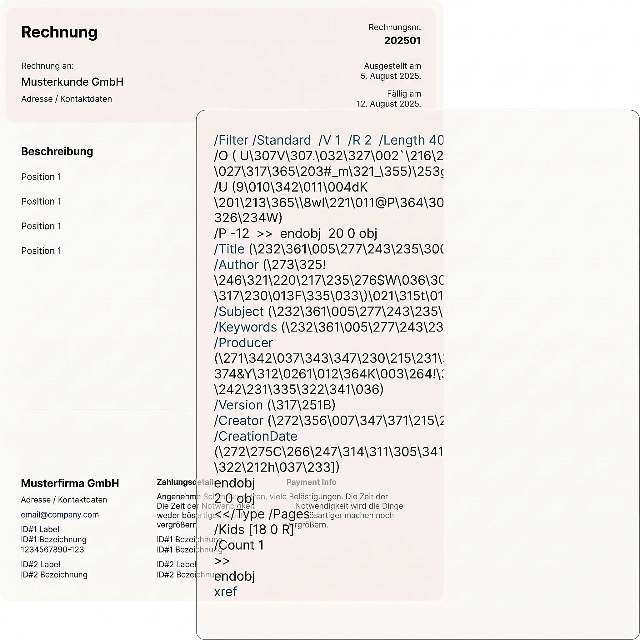 Rechnung mit eingeblendeten PDF-Metadaten und Informationen zur Dateierstellung
